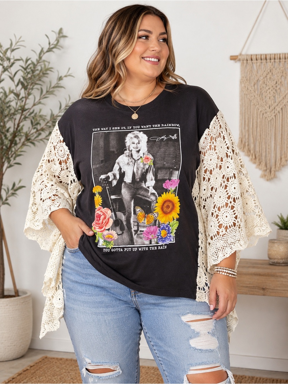 Upcycle Black Graphic Tee with Cream Crochet Bell Sleeves